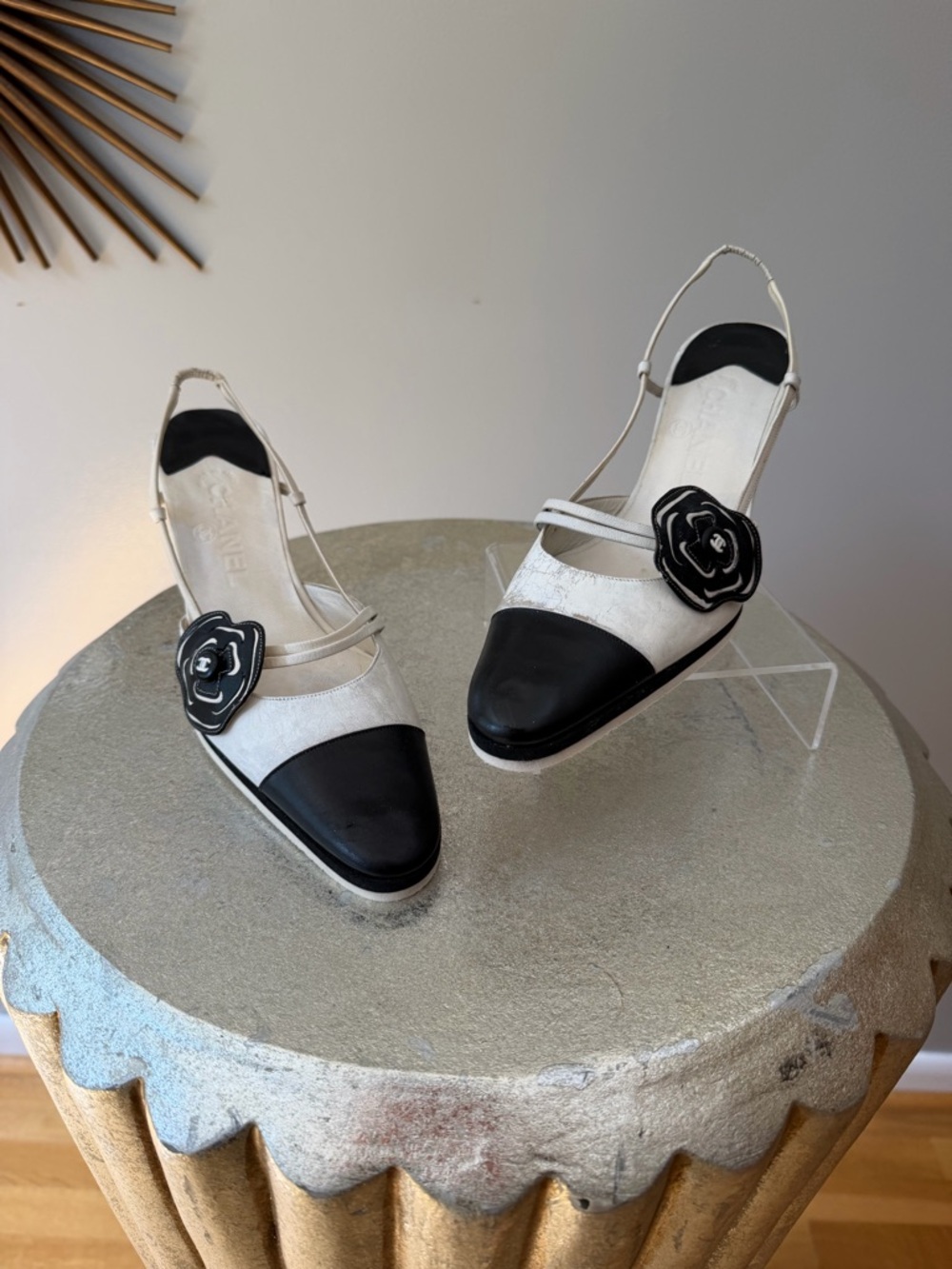 CHANEL - Two-Tone Slingback Wedges w/ Camellia Detail – Size 38.5